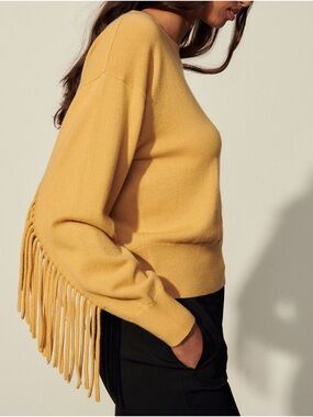 SANDRO • Paprika Fringe Wool-Cashmere Sweater in Curry